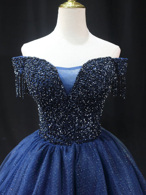 Gothic Royal Blue Off-Shoulder Short Wedding Party Dress - Designer Sequin Gown - Corset Back Wedding Dress Plus Size